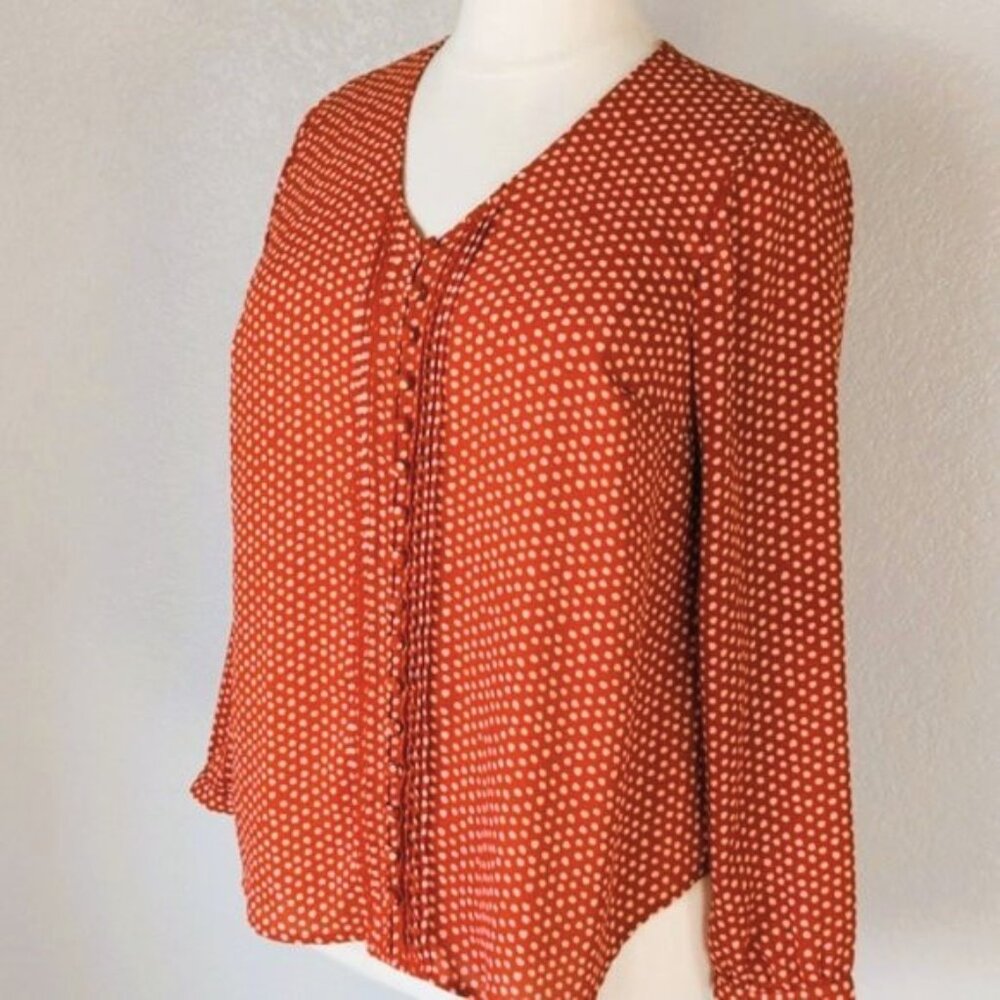 Torrid 1X Tunic Blouse Georgette Rusty Orange & Creamy Ivory White Polka Dots - Picture 6 of 9